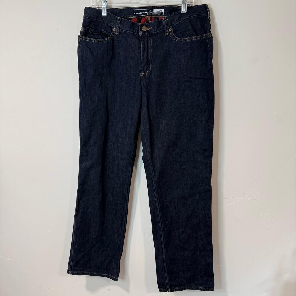 Carhartt Women's Blaine Flannel Lined Jeans Dark Wash Loose Fit 14‎ Short